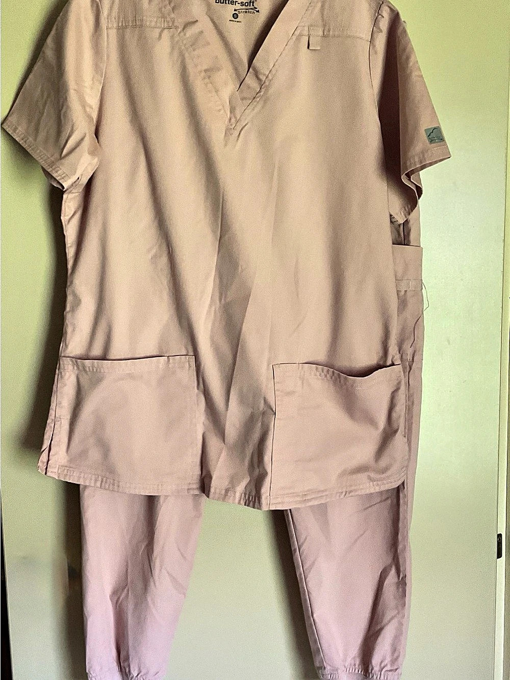 Butter Soft Stretch Scrub Set Pink Small Top, Small Petite Pants